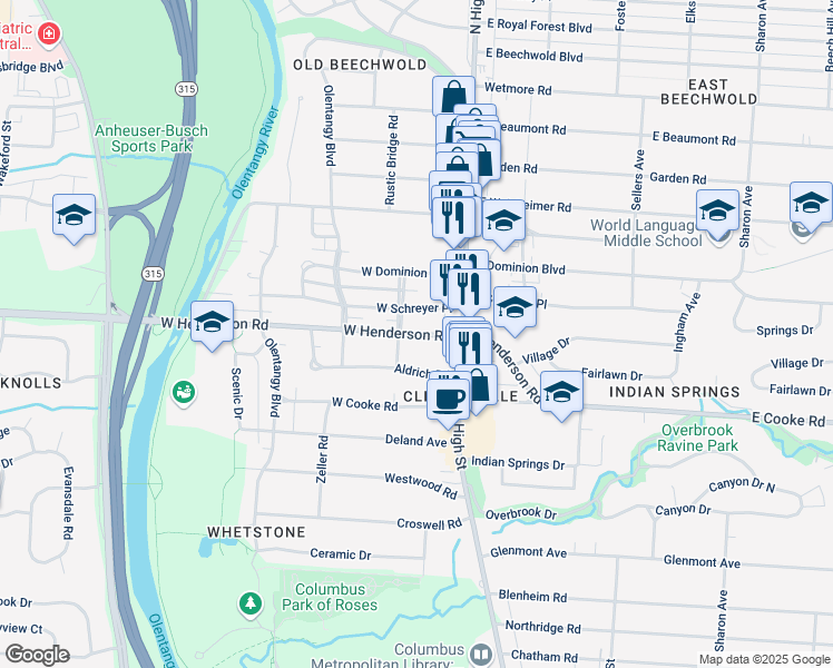 map of restaurants, bars, coffee shops, grocery stores, and more near 67 West Henderson Road in Columbus