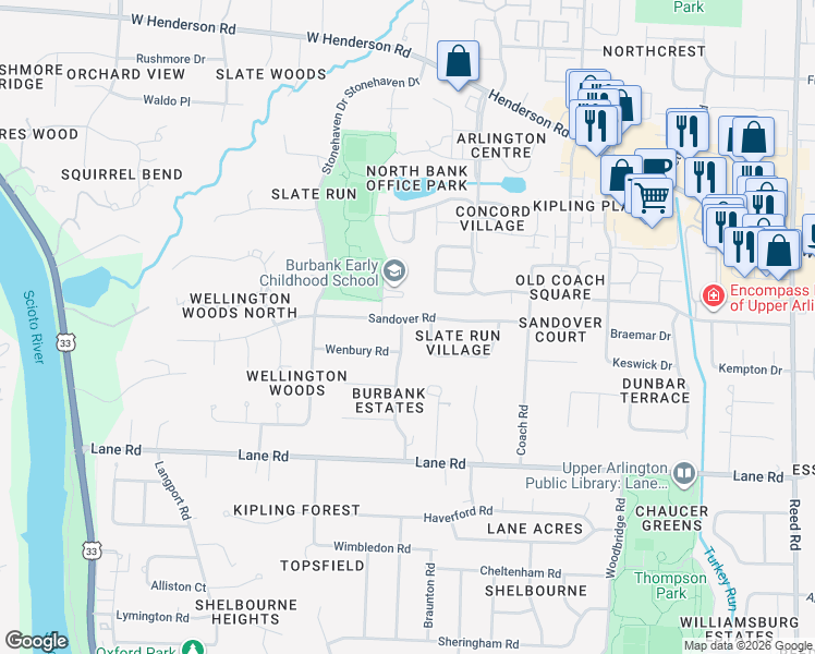 map of restaurants, bars, coffee shops, grocery stores, and more near 4710 Burbank Drive in Columbus