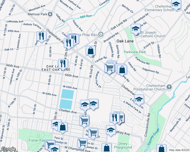 map of restaurants, bars, coffee shops, grocery stores, and more near 6570 Walnut Park Drive in Philadelphia