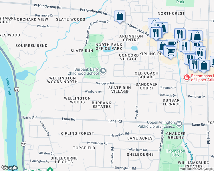 map of restaurants, bars, coffee shops, grocery stores, and more near 4710 Burbank Drive in Columbus
