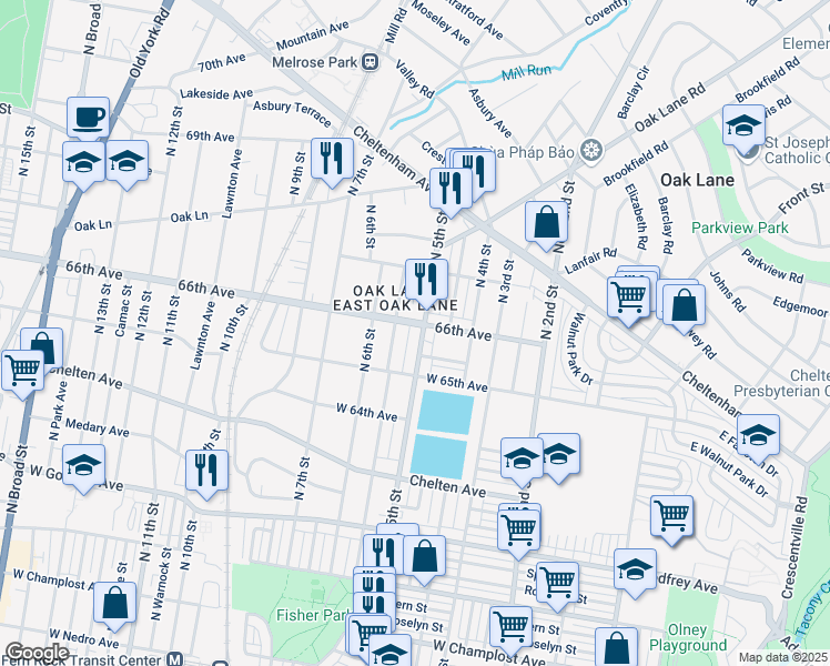 map of restaurants, bars, coffee shops, grocery stores, and more near 6552 North 5th Street in Philadelphia