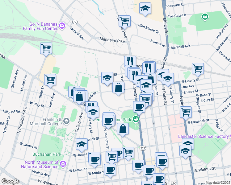 map of restaurants, bars, coffee shops, grocery stores, and more near 238 West Liberty Street in Lancaster