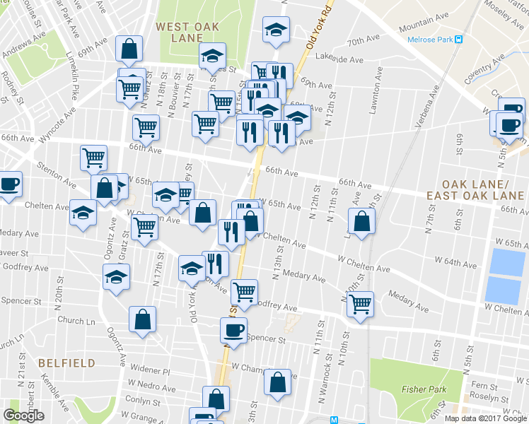 map of restaurants, bars, coffee shops, grocery stores, and more near 6420 North Park Avenue in Philadelphia