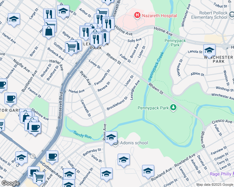 map of restaurants, bars, coffee shops, grocery stores, and more near 7824 Lister Street in Philadelphia