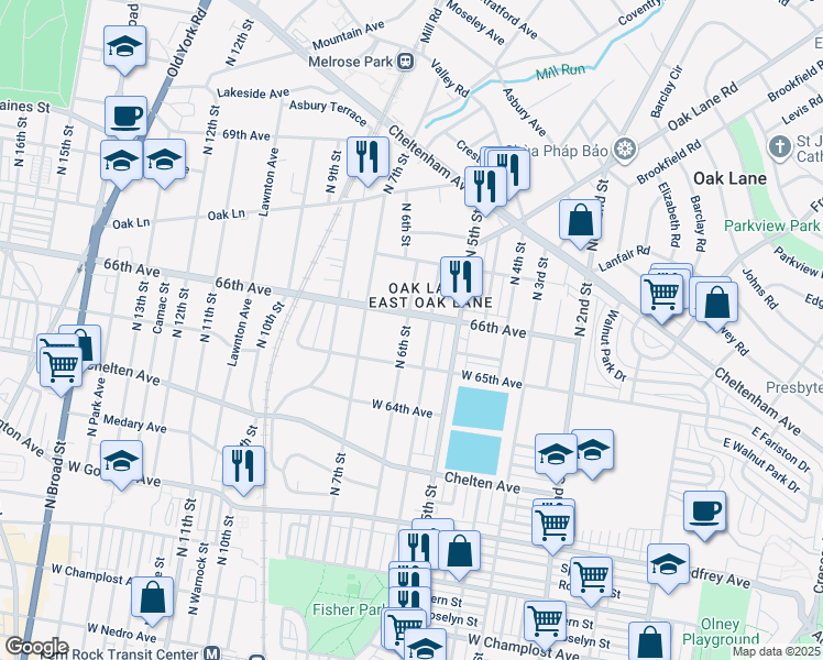 map of restaurants, bars, coffee shops, grocery stores, and more near 6515 North 6th Street in Philadelphia