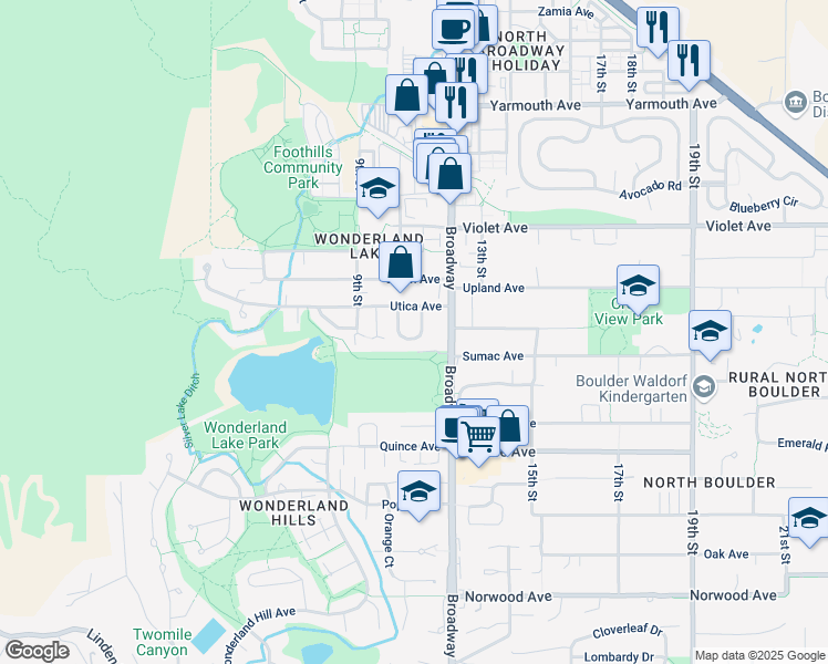 map of restaurants, bars, coffee shops, grocery stores, and more near 1071 Utica Circle in Boulder