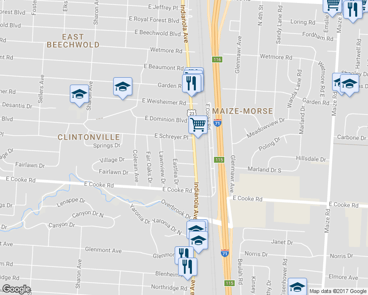 map of restaurants, bars, coffee shops, grocery stores, and more near 706 Springs Drive in Columbus