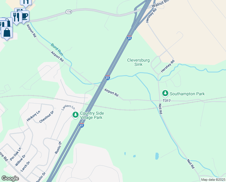 map of restaurants, bars, coffee shops, grocery stores, and more near 110 Airport Road in Shippensburg