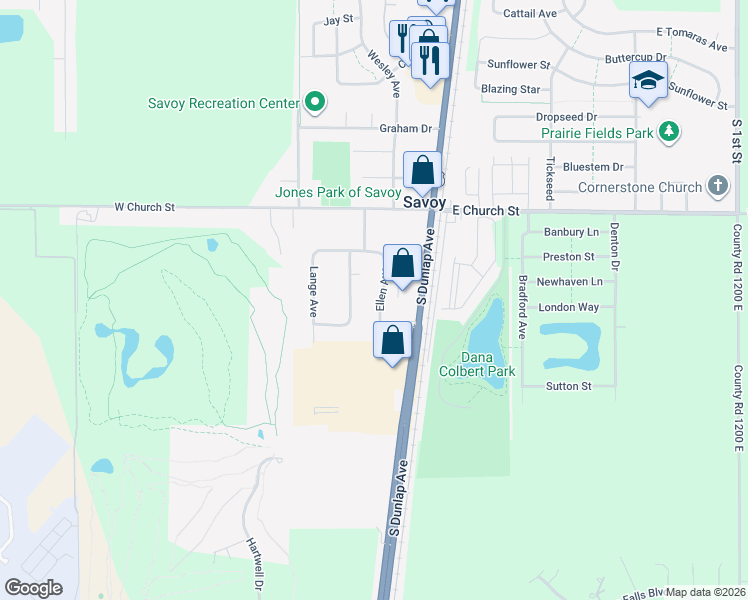 map of restaurants, bars, coffee shops, grocery stores, and more near 307 Ellen Avenue in Savoy