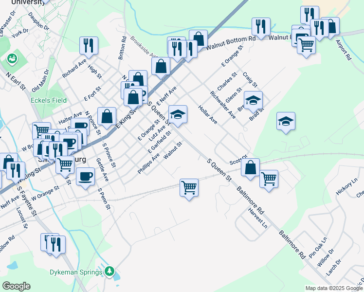 map of restaurants, bars, coffee shops, grocery stores, and more near 334 Walnut Street in Shippensburg