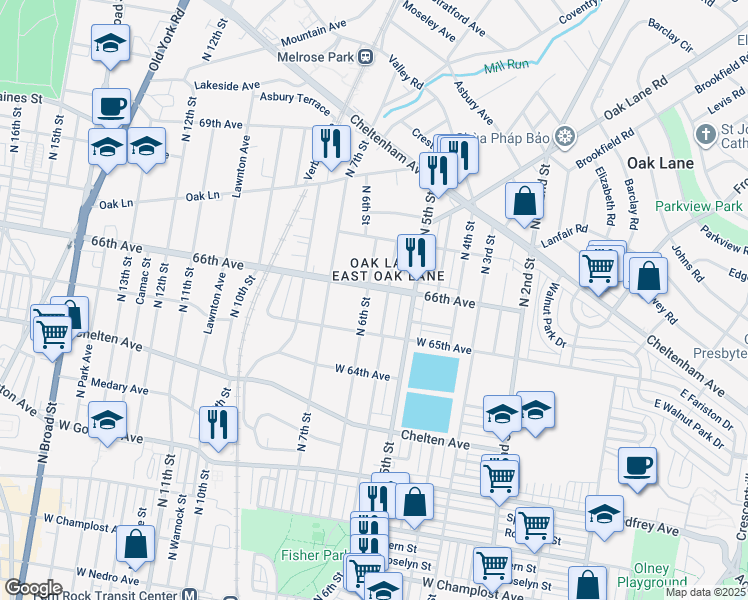 map of restaurants, bars, coffee shops, grocery stores, and more near 6515 North 6th Street in Philadelphia