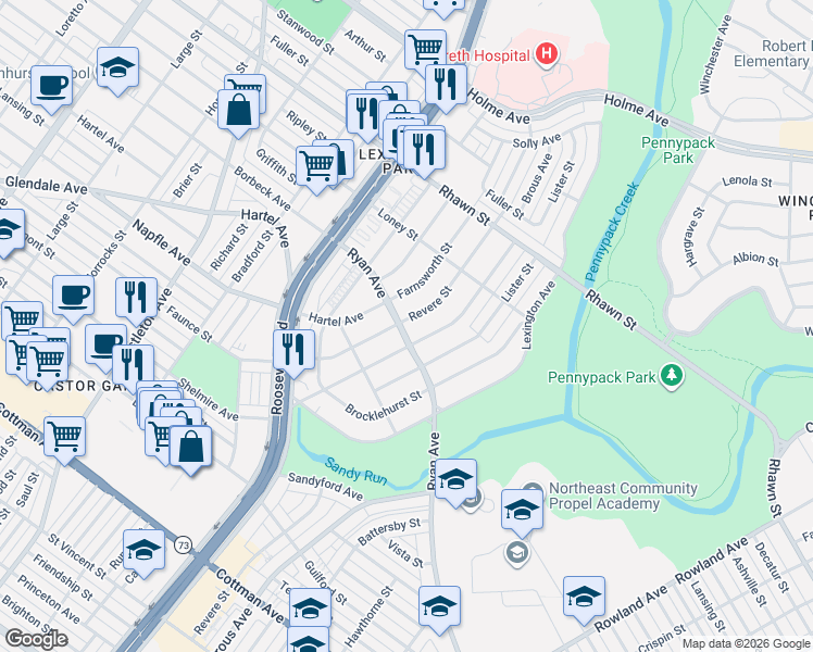 map of restaurants, bars, coffee shops, grocery stores, and more near 7801 Revere Street in Philadelphia