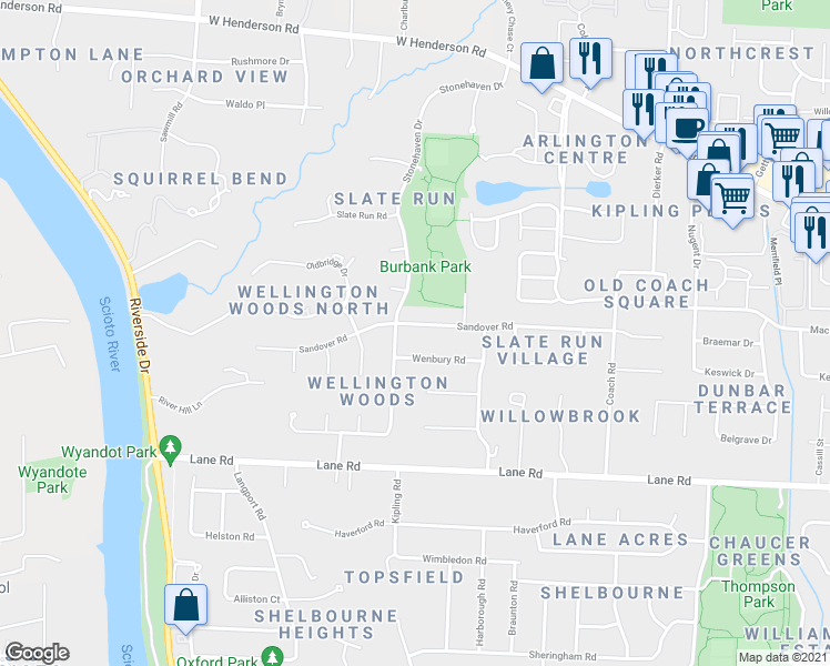 map of restaurants, bars, coffee shops, grocery stores, and more near 2449 Sandover Road in Columbus