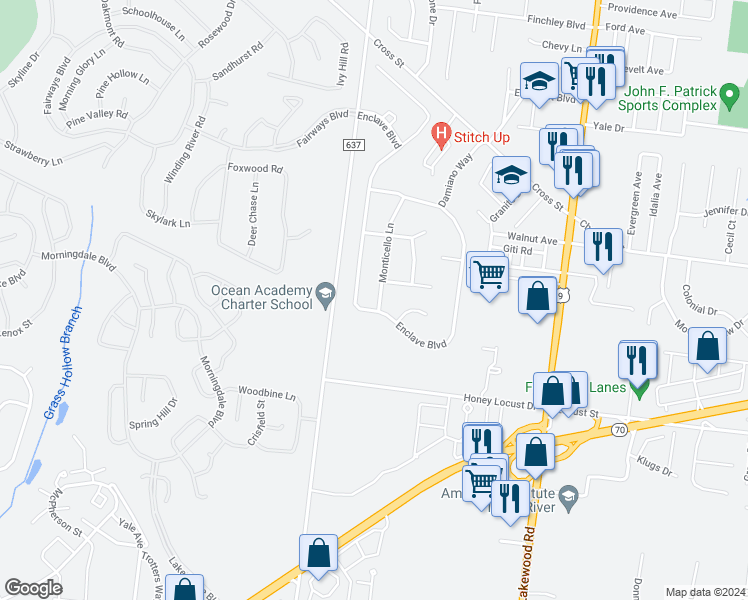 map of restaurants, bars, coffee shops, grocery stores, and more near 448 Monticello Lane in Lakewood Township