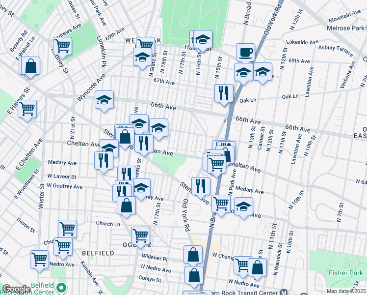 map of restaurants, bars, coffee shops, grocery stores, and more near 6418 North 16th Street in Philadelphia