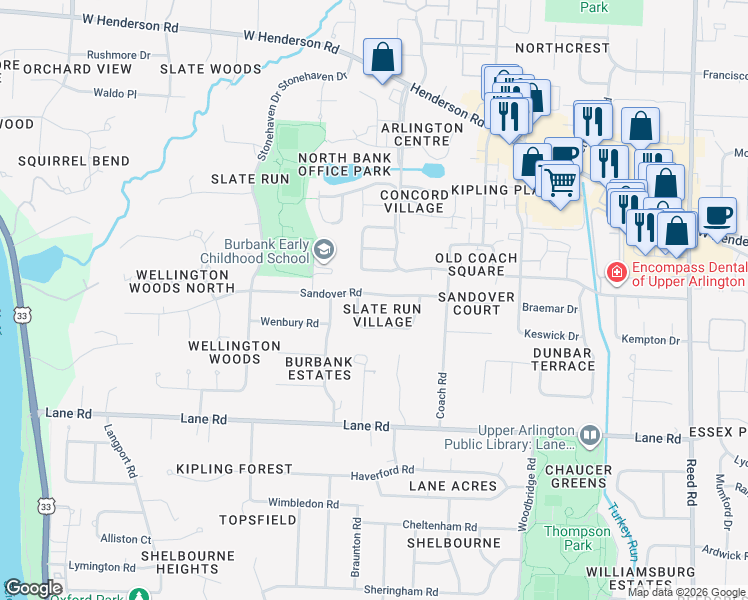 map of restaurants, bars, coffee shops, grocery stores, and more near 2261 Sandover Road in Columbus