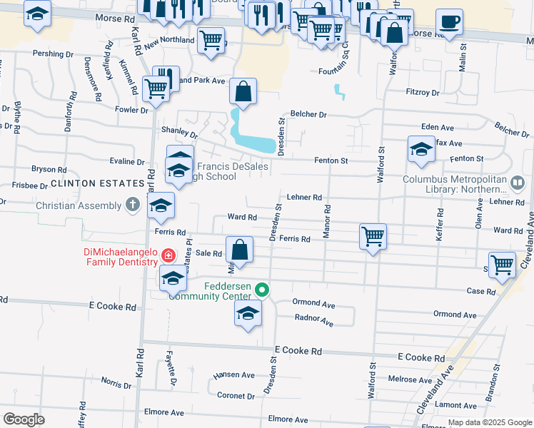 map of restaurants, bars, coffee shops, grocery stores, and more near 1770 Ward Road in Columbus
