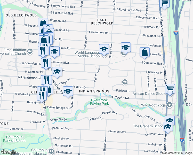 map of restaurants, bars, coffee shops, grocery stores, and more near 4330 Ingham Avenue in Columbus
