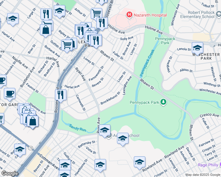 map of restaurants, bars, coffee shops, grocery stores, and more near 7824 Lister Street in Philadelphia