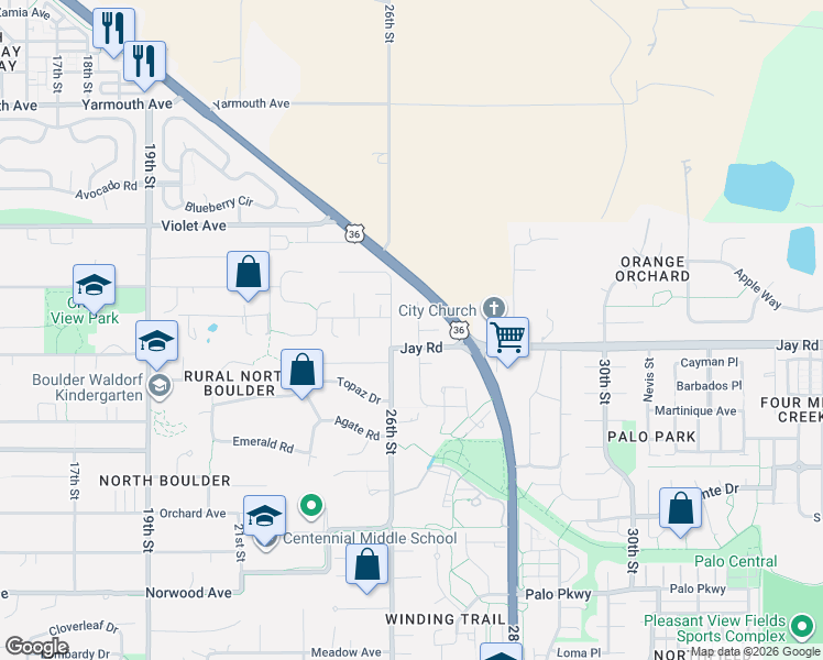 map of restaurants, bars, coffee shops, grocery stores, and more near 4219 Amber Street in Boulder