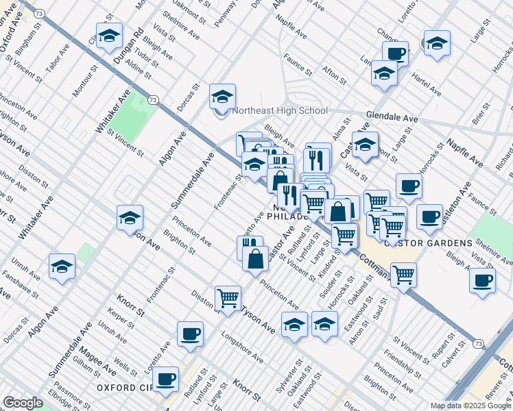 map of restaurants, bars, coffee shops, grocery stores, and more near 1348 Englewood Street in Philadelphia