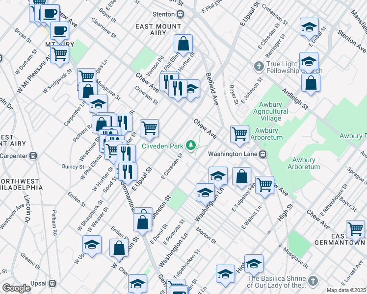 map of restaurants, bars, coffee shops, grocery stores, and more near 305 East Cliveden Street in Philadelphia
