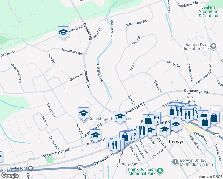 map of restaurants, bars, coffee shops, grocery stores, and more near 866 Old State Road in Berwyn