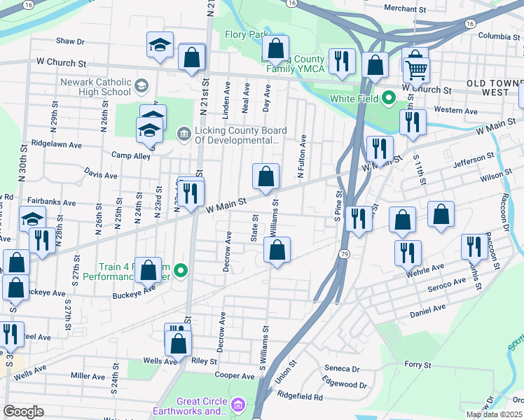 map of restaurants, bars, coffee shops, grocery stores, and more near 160 Maholm Street in Newark