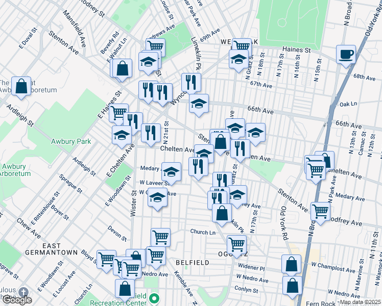 map of restaurants, bars, coffee shops, grocery stores, and more near 2000 Chelten Avenue in Philadelphia
