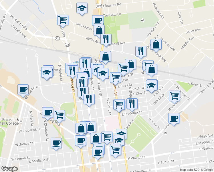 map of restaurants, bars, coffee shops, grocery stores, and more near 127 East Ross Street in Lancaster