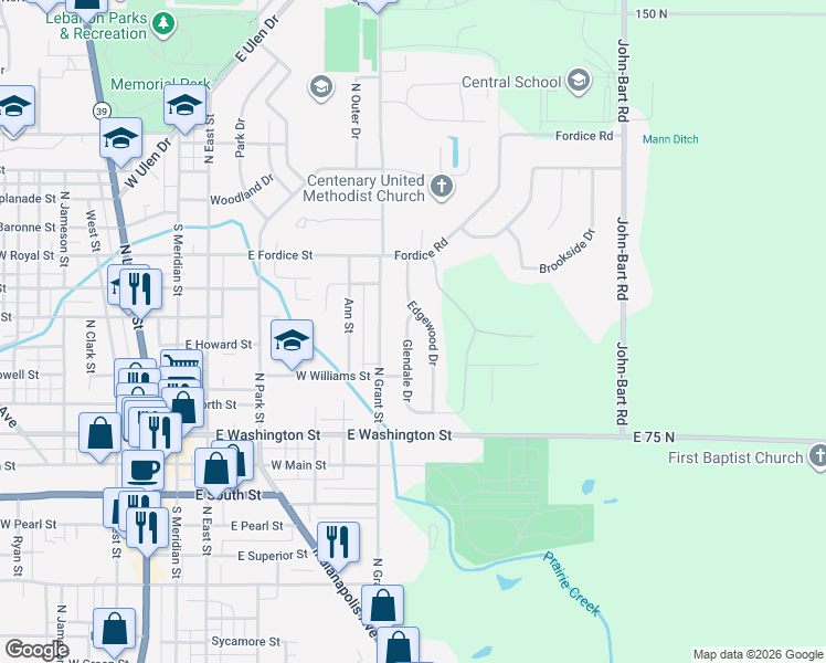 map of restaurants, bars, coffee shops, grocery stores, and more near 506 Edgewood Drive in Lebanon