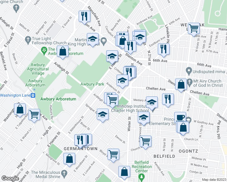 map of restaurants, bars, coffee shops, grocery stores, and more near 1158 East Price Street in Philadelphia