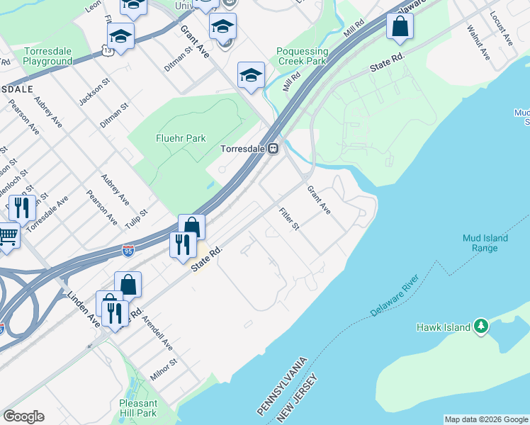 map of restaurants, bars, coffee shops, grocery stores, and more near State Rd & James St in Philadelphia