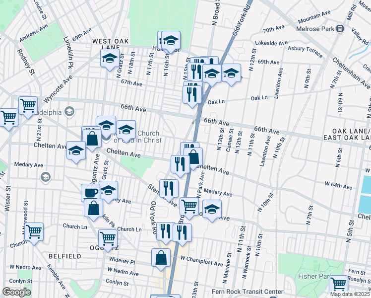 map of restaurants, bars, coffee shops, grocery stores, and more near 6451 Old York Road in Philadelphia