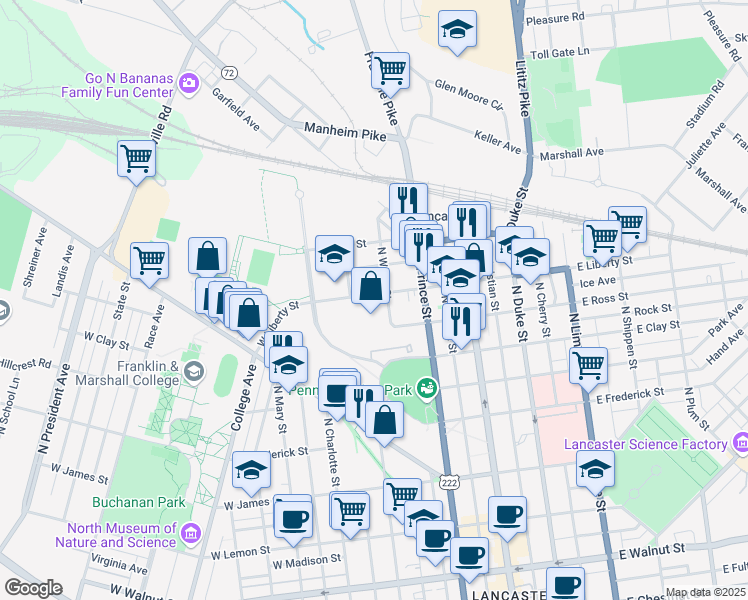 map of restaurants, bars, coffee shops, grocery stores, and more near 220 West Liberty Street in Lancaster