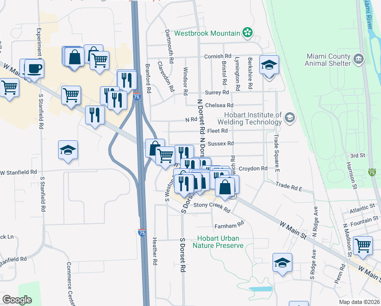 map of restaurants, bars, coffee shops, grocery stores, and more near 1537 Covent Road in Troy