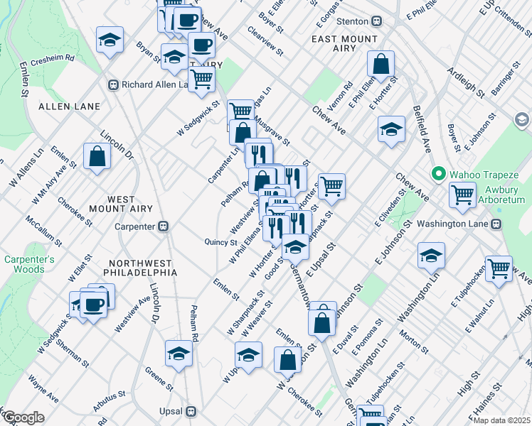 map of restaurants, bars, coffee shops, grocery stores, and more near 6632 Germantown Avenue in Philadelphia
