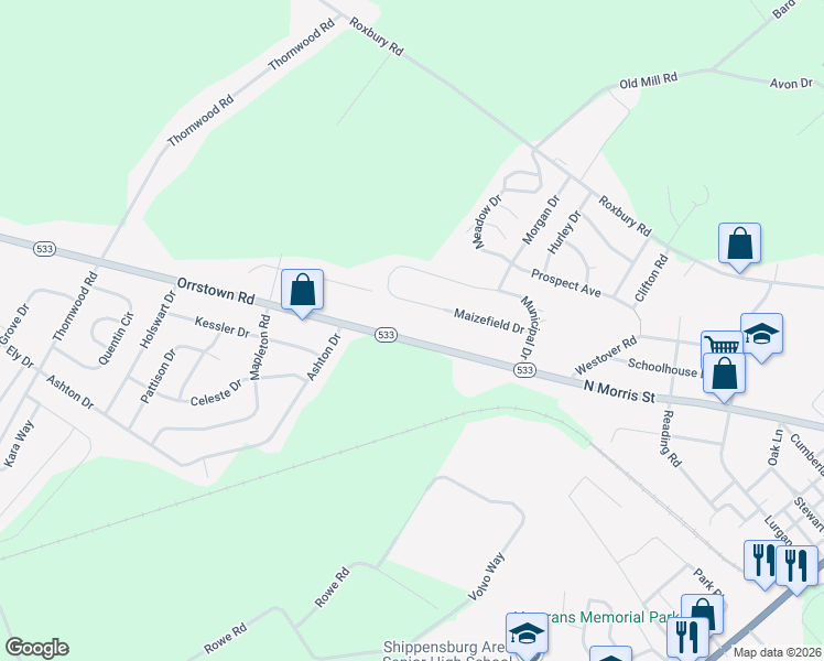 map of restaurants, bars, coffee shops, grocery stores, and more near 893 Orrstown Road in Shippensburg