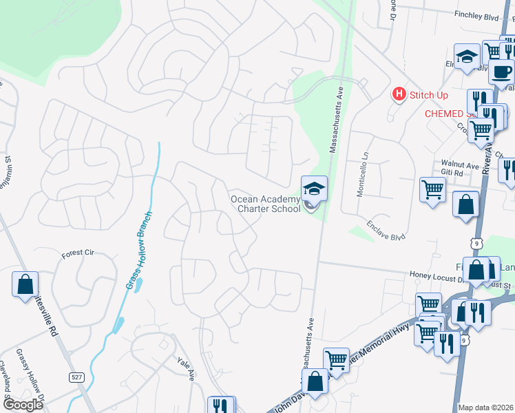 map of restaurants, bars, coffee shops, grocery stores, and more near 2700 Rockport Lane in Toms River