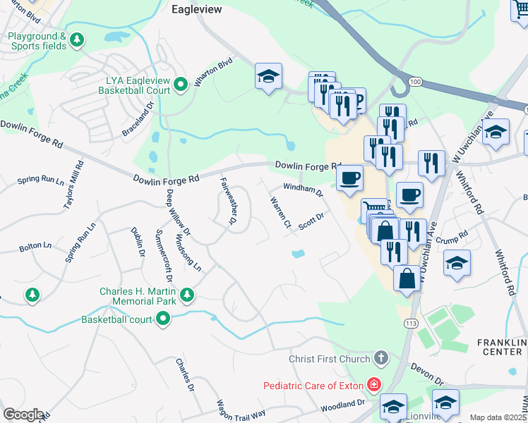 map of restaurants, bars, coffee shops, grocery stores, and more near 134 North Lynwood Lane in Exton
