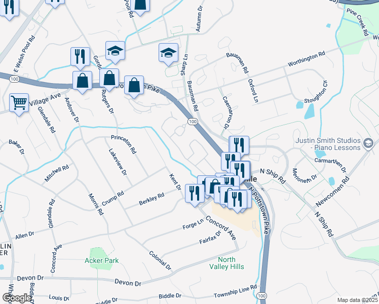map of restaurants, bars, coffee shops, grocery stores, and more near 8 Surrey Way in Exton
