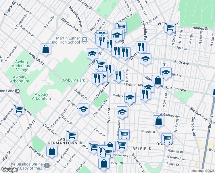 map of restaurants, bars, coffee shops, grocery stores, and more near 1230 East Chelten Avenue in Philadelphia