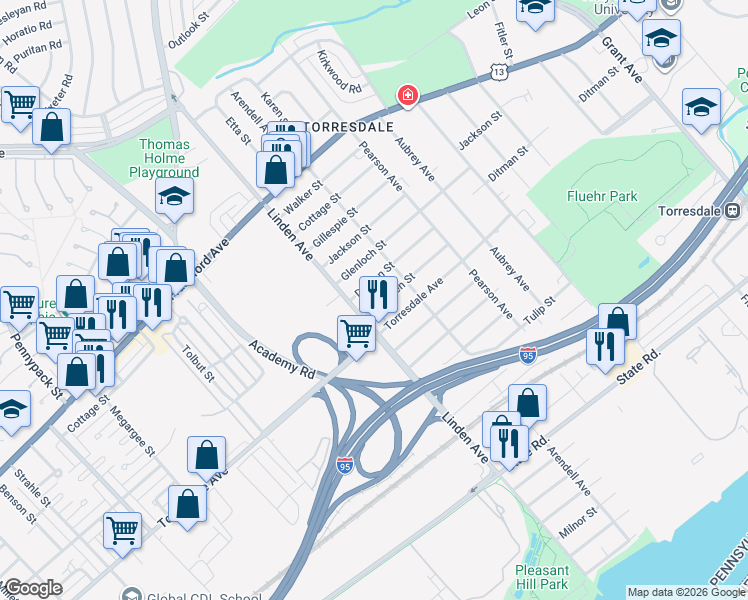 map of restaurants, bars, coffee shops, grocery stores, and more near 9208 Marsden St in Philadelphia