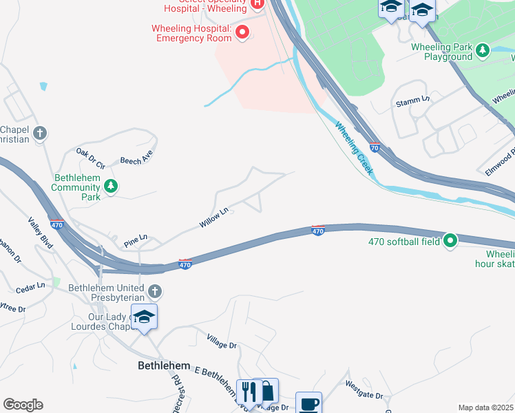 map of restaurants, bars, coffee shops, grocery stores, and more near 270 Willow Ln in Wheeling