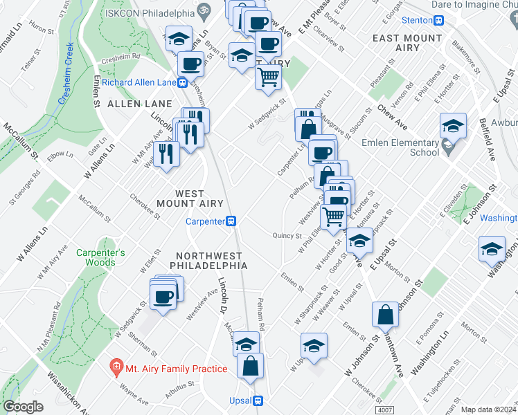 map of restaurants, bars, coffee shops, grocery stores, and more near 158 Carpenter Lane in Philadelphia