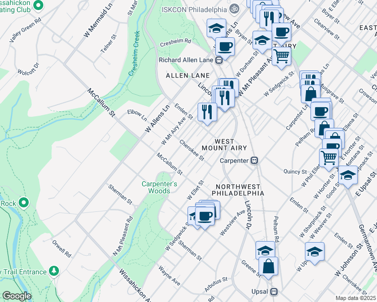 map of restaurants, bars, coffee shops, grocery stores, and more near 503 West Mount Pleasant Avenue in Philadelphia