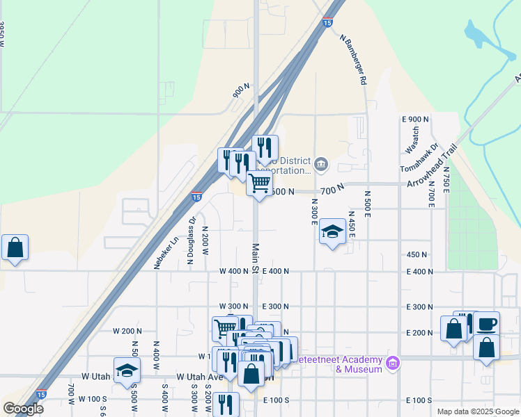 map of restaurants, bars, coffee shops, grocery stores, and more near 570 North Main Street in Benjamin