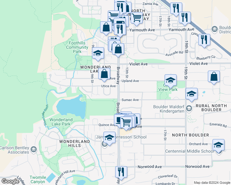 map of restaurants, bars, coffee shops, grocery stores, and more near 4215 Broadway Street in Boulder