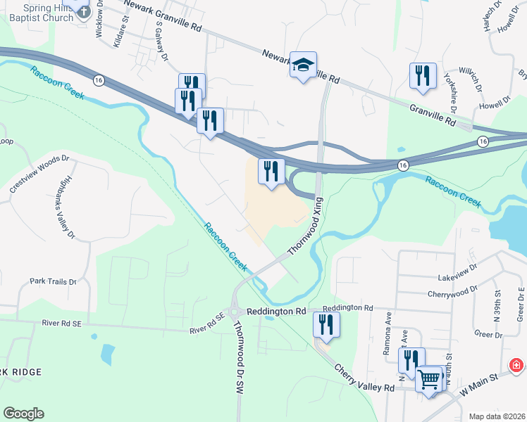 map of restaurants, bars, coffee shops, grocery stores, and more near 2299 Cherry Valley Road Southeast in Newark
