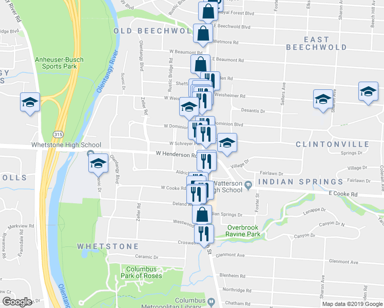 map of restaurants, bars, coffee shops, grocery stores, and more near 8 West Henderson Road in Columbus